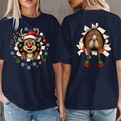 Funny Reindeer Christmas Shirt Front and Back, Rudolph Ugly Sweater Graphic Tee, Naughty Xmas Jumper Matching Couples Family Novelty Gift Top