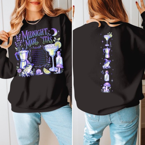 Midnight Margaritas Sweatshirt , Front & Back Print Witchy Jumper, Frog Cocktail Unisex Autumn Halloween Top