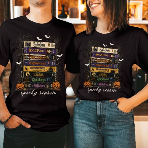 Halloween VHS Tapes T-Shirt Spooky Movies Stack Retro Unisex Graphic Tee Book Lovers Comfortable and Stylish Halloween Apparel Gift Shirt