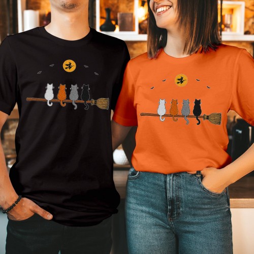 Halloween Cats Broomstick T-Shirt Witch Flying Moon Bats Graphic Unisex Tee