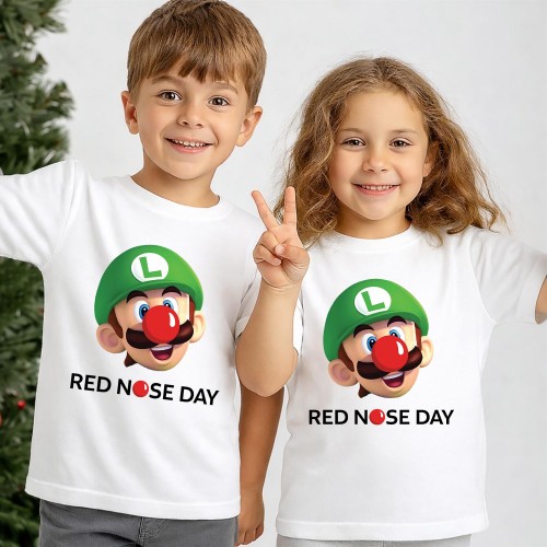 Official Luigi Super Mario Red Nose Day T Shirt, Nintendo Character Charity Clothing, Comic Relief T-Shirt & Tops, Kids & Childrens Red Nose Day Tee