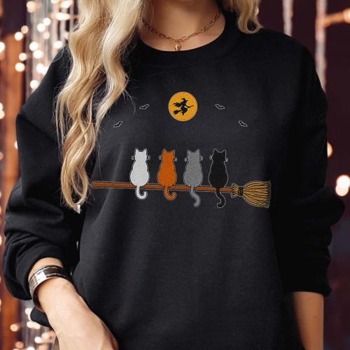 Halloween Cats Broomstick Sweatshirt | Flying Witch Moon & Bats Jumper