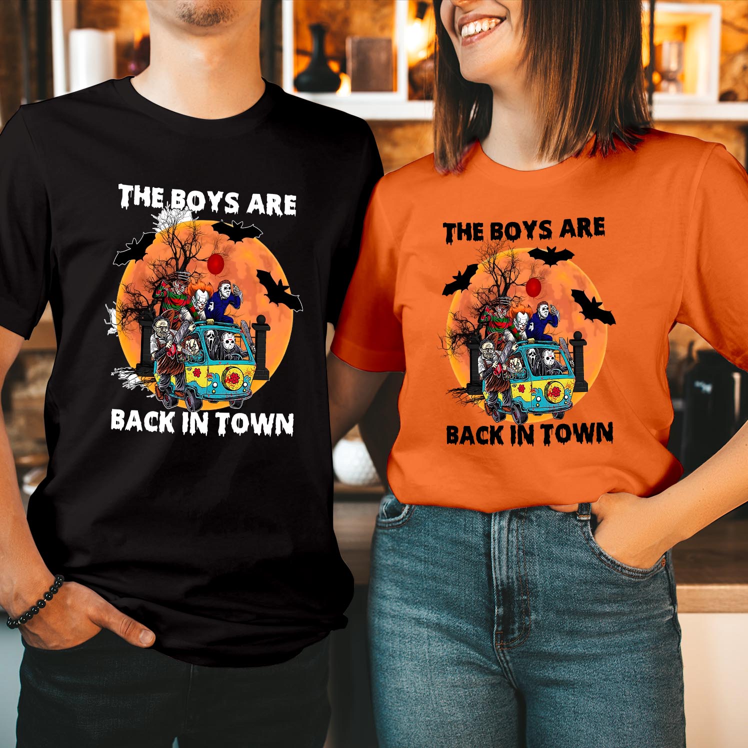 Vintage Halloween Villains Van T-Shirt The Boys Are Back in Town Classic Halloween Horror Characters Tee Spooky, Nostalgic, and Chilling Halloween T Shirt