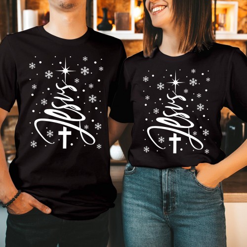 Christian Jesus Christmas Tree T Shirt, Elegant Faith Cross Graphic Tee, Religious Black Ink Holiday Matching Couples Church Tops Gift Costume