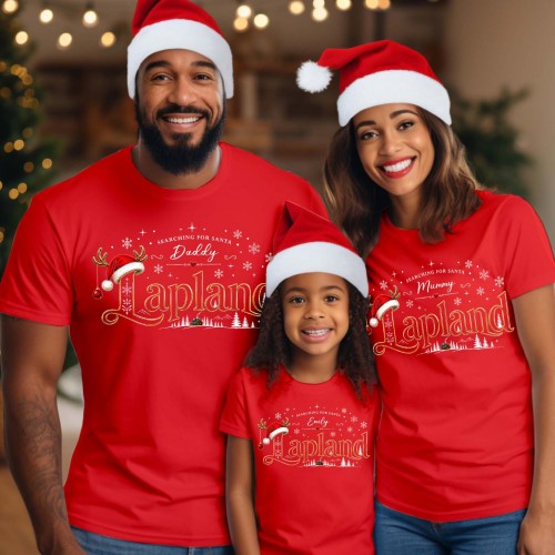 Personalised Lapland 2026 Family Christmas T-Shirt, Custom Santa Hat Reindeer Antlers Gold Script Holiday Trip Shirts Xmas Gift Tops