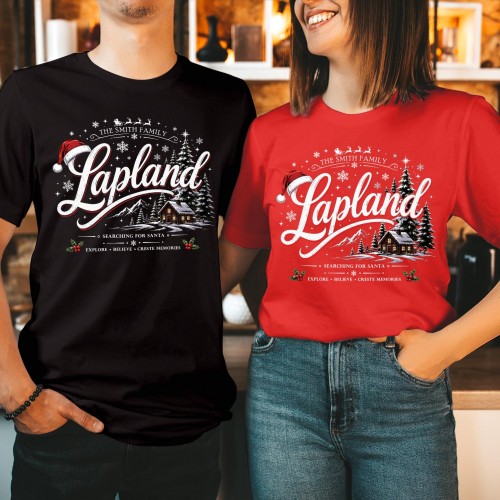 Personalised Lapland Family Christmas T-Shirt, Custom Santa Hat Cabin Landscape Matching Holiday Shirt Xmas Gift Tops