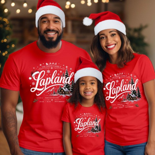 Personalised Lapland Family Christmas T-Shirt, Custom Santa Hat Cabin Landscape Matching Holiday Shirt Xmas Gift Tops