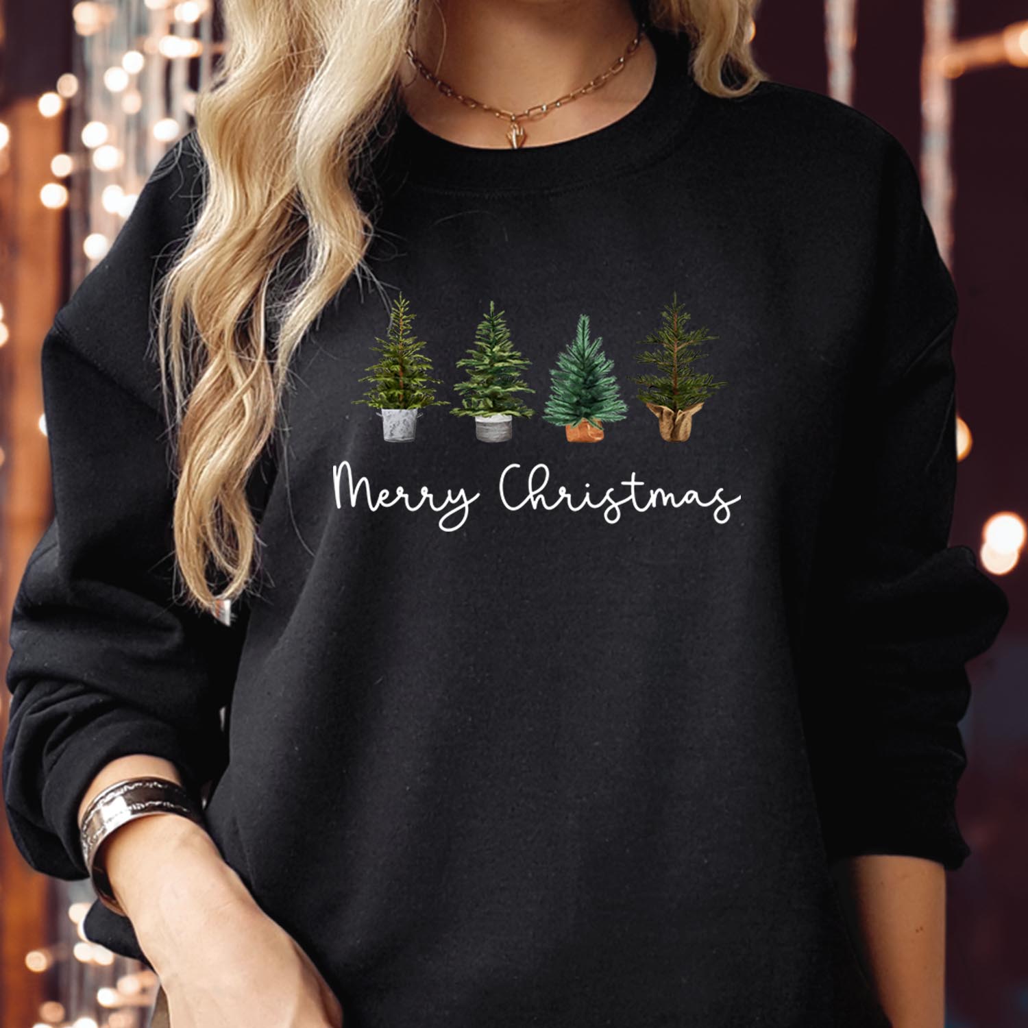 Merry Christmas Trees Sweatshirt, Cute Holiday Lights Jumper, Minimalist Xmas Tree Farm Shirt, Simple Winter Gift, Family Holiday Top Jumper