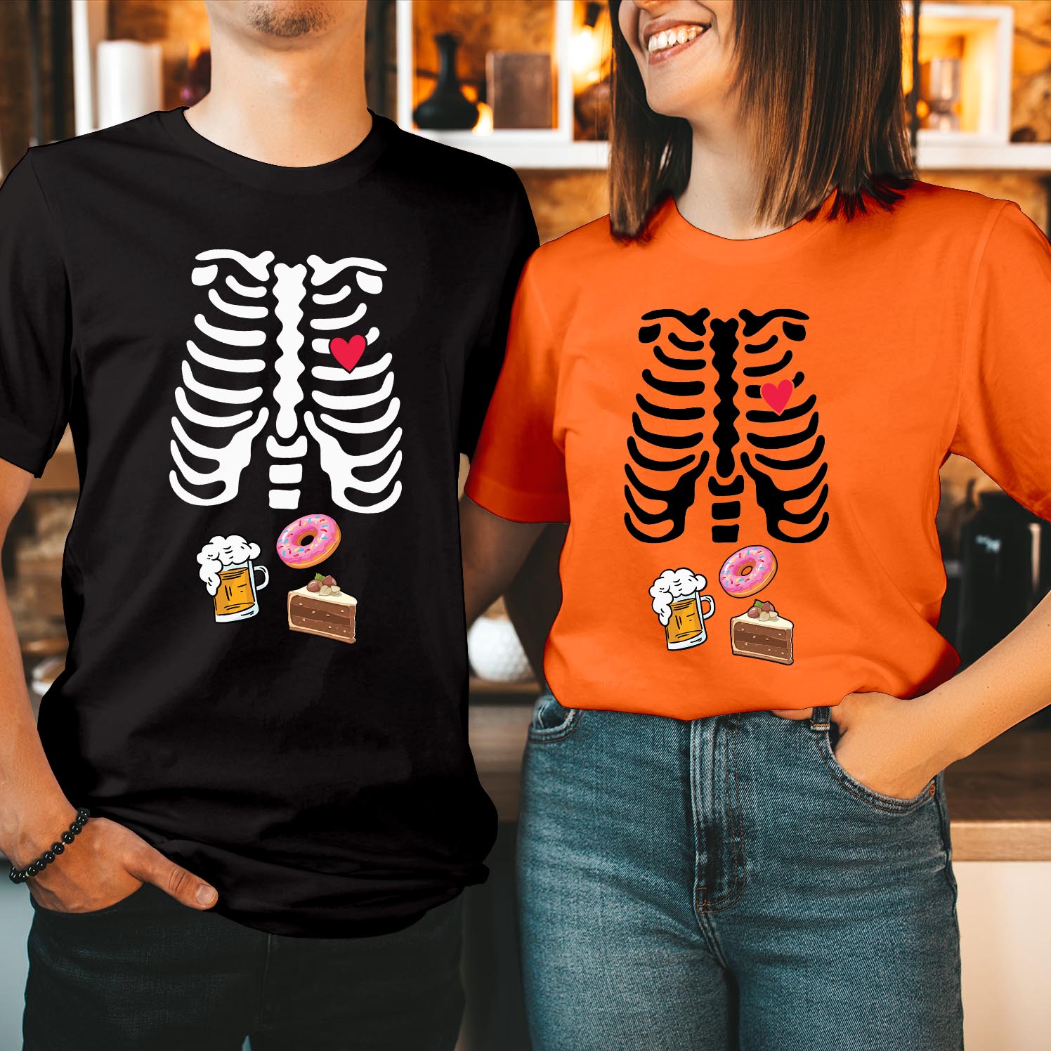 Beer And Cake Skeleton Halloween T-Shirt Men Dad To Be Announcement Tee Pregnant Skeleton Costume Shirt Father Halloween Outfit Funny Pregnancy Reveal Gift T Shirt