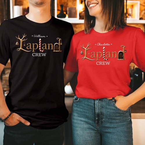 Personalised Lapland Crew Family Matching Christmas Shirt, Custom Gold Wooden Antler Candy Cane Elf Door Holiday Trip T-Shirts Xmas Tops