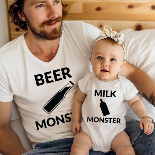 Beer Monster Milk Monster Family Matching Father's Day T-Shirt Dad Son Daughter Shirt Tops Set Funny Dad Birthday Fathers Day Gift T Shirt