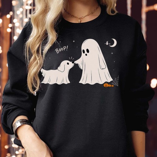 Boo Boop Ghost Dog Sweatshirt Jumper, Funny Halloween Pet Print, Cute Ghost Dog Nose Touch, Spooky Season Pup Lover Autumn Unisex Top