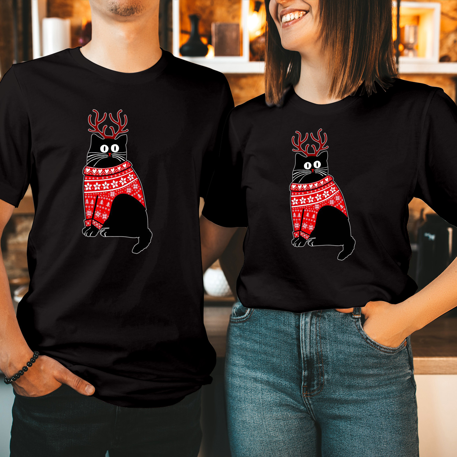 Christmas Cat With Reindeer Antlers T-Shirt