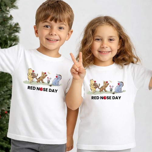Disney Winnie the Pooh Red Nose Day T-Shirt, Pooh Bear & Friends Character Charity Clothing, Official Comic Relief T Shirts & Tops, Kids & Childrens Red Nose Day Tee