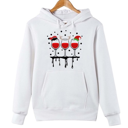 Christmas Wine Hoodie, Funny Holiday Wine Glasses Hooded Jumper, Cute Santa Reindeer Elf Retro Gift Pullover Winter Xmas Sweatshirt