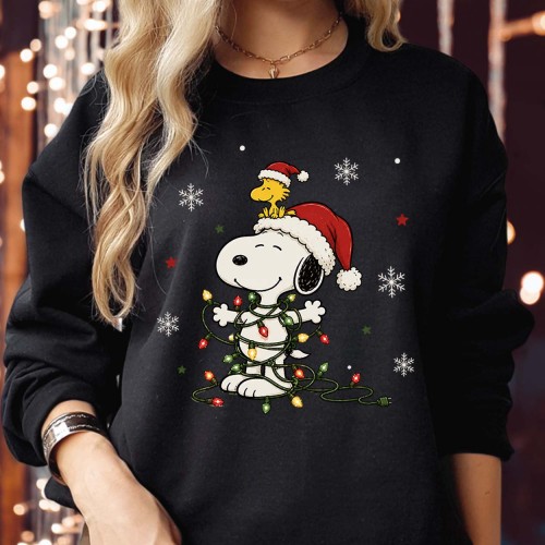Snoopy Christmas Jumper, Woodstock Christmas Lights Xmas Sweatshirt, Cute Tangled Holiday Sweater Family Gift Pajamas