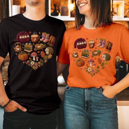 Doodle Autumn Heart Halloween Shirt Cosy Spooky Elements Printed Gift Tops
