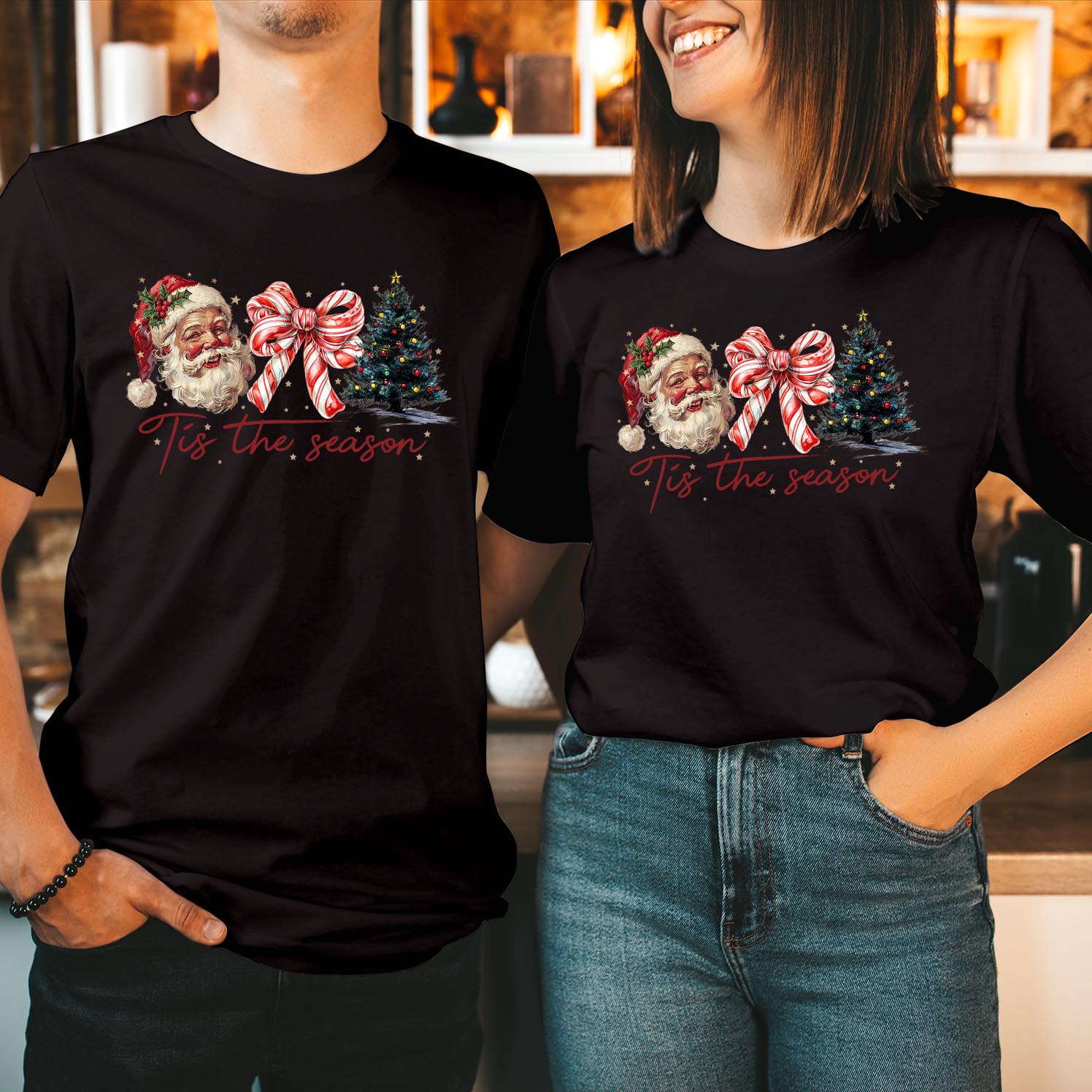Merry Christmas Tis the Season Coquette Bow Retro Santa Christmas tree Funny Family Holiday Season Gift Xmas Tshirt