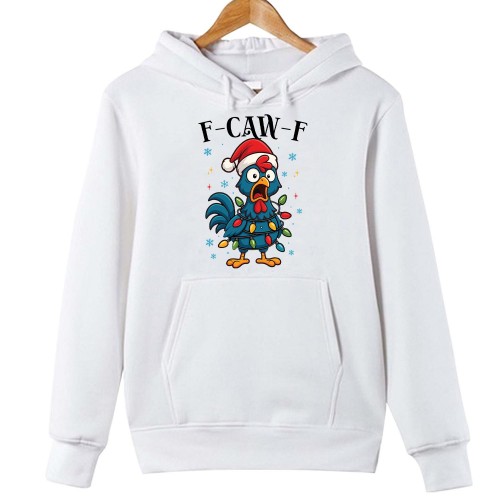 Merry F-CAW-F Christmas Hoodie, Funny Angry Chicken Holiday Jumper, Sarcastic Bird Pun Winter Graphic Roasting Xmas Sweatshirt