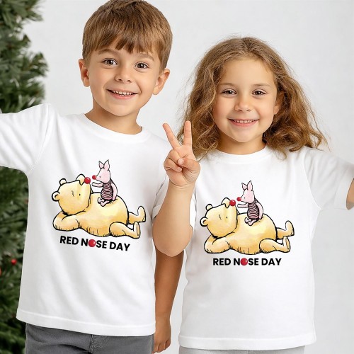 Disney Winnie the Pooh & Piglet Red Nose Day T-Shirt, Pooh Bear Character Charity Clothing, Official Comic Relief T Shirt & Tops, Kids & Childrens Red Nose Day Tee