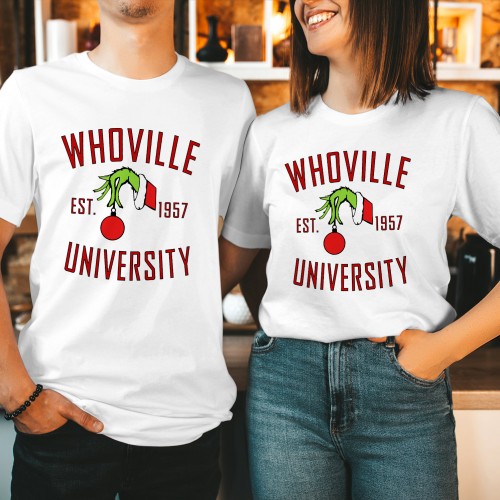 Whoville University Christmas T-Shirt, Funny Retro Varsity Holiday Graphic Tee, Cute Couples Matching Xmas Tops, Christmas Gift Ideas Presents