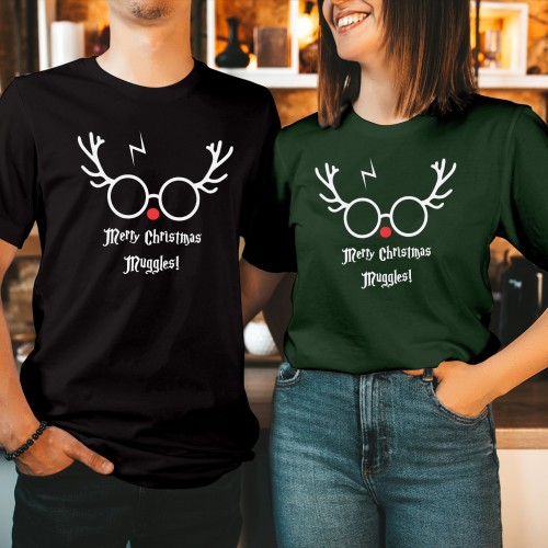 Merry Christmas Muggles T Shirt, Magic Wizard Lightning Bolt Graphic Tee, Cute Reindeer Glasses Tops, Matching Couples Xmas Gift Ideas Present
