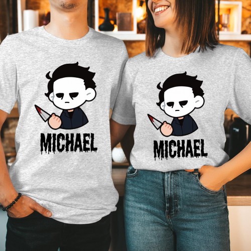 Michael Myers Horror T-Shirt – Cute Halloween Graphic Tee with Cartoon Mask & Knife Design for Scary Movie and Slasher Fans