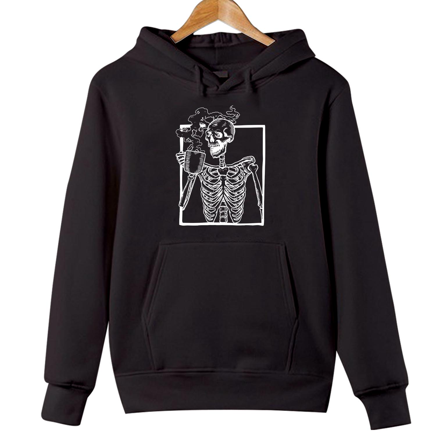 HOODIES (1746) Skeleton Drinking Hot Coffee