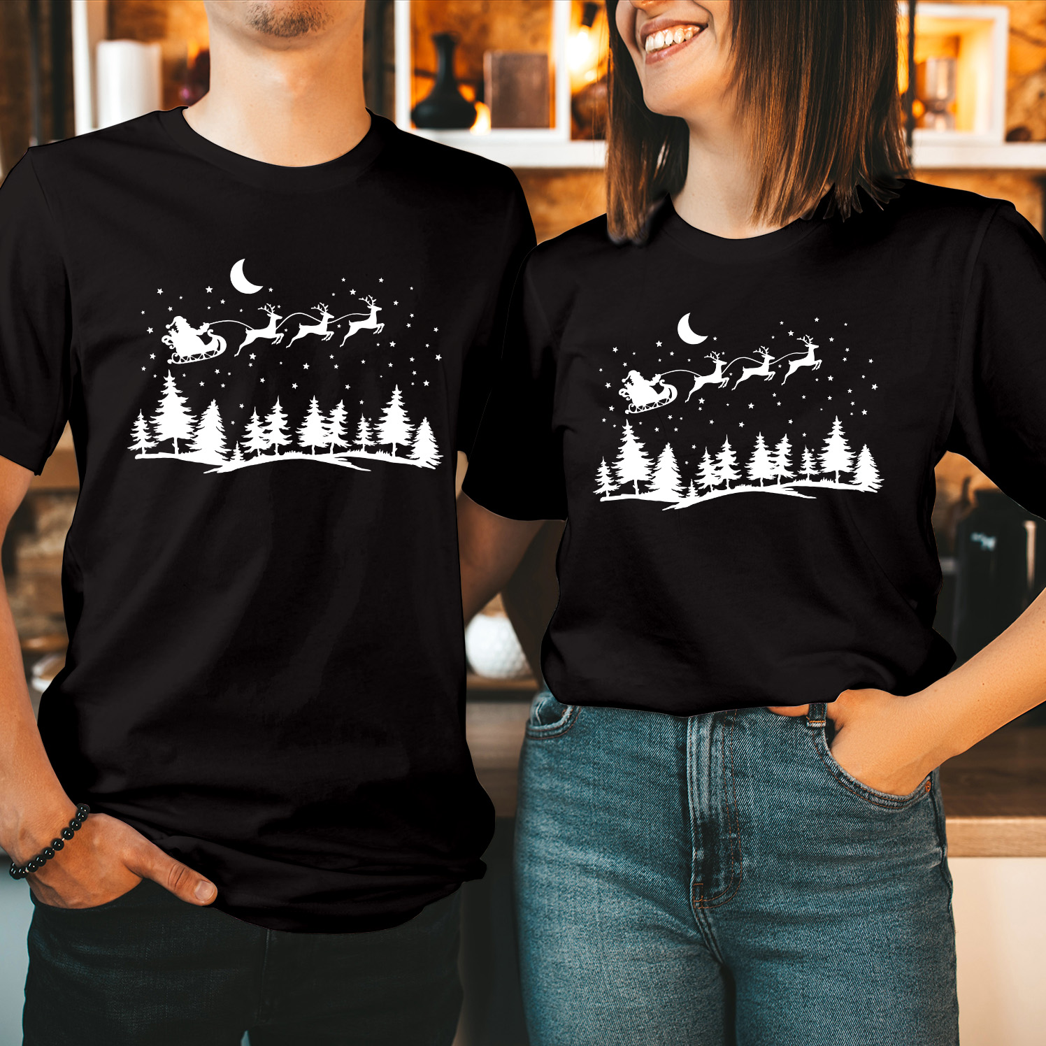 Santa Sleigh Reindeer Flying Over Christmas Tree T-Shirt