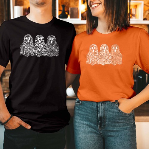 Patterned Ghost Trio T-Shirt, Floral Leopard Polka Dot Sheet Ghost Halloween Shirt, Cute Autumn Spooky Graphic Tee, Boho Fall Ghost Gang Top