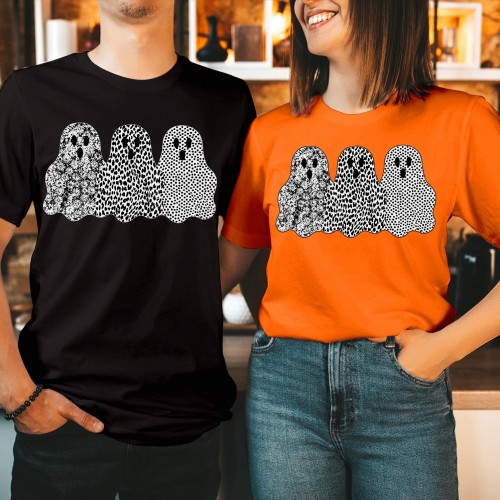 Patterned Ghost Trio T-Shirt, Floral Leopard Polka Dot Sheet Ghost Halloween Shirt, Cute Autumn Spooky Graphic Tee, Boho Fall Ghost Gang Top