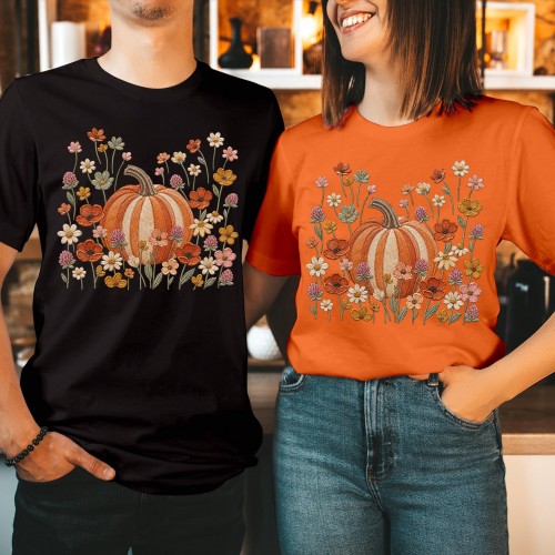Floral Pumpkin T-Shirt Wildflower Botanical Cottagecore Seasonal Unisex Tee