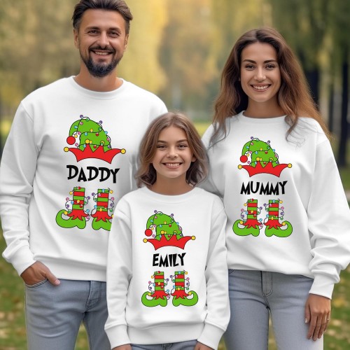 Personalised Elf Family Matching Christmas Sweatshirt, Custom Name Holiday Jumper, Elf Shoes Hat Crewneck Xmas Novelty Gift Sweater