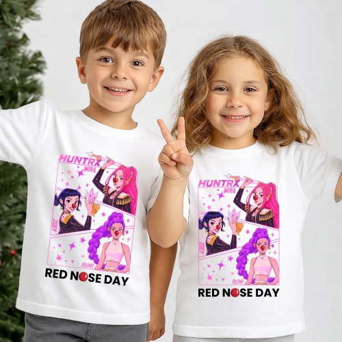 Huntrix Red Nose Day T-Shirt, Official K-Pop Demon Hunters Charity Clothing, Rumi, Mira & Zoey Comic Shirt, Kids & Children's Red Nose Day Tops