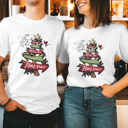 Christian Christmas Ribbon Tree T Shirt, Biblical He Will Be Called Faith Graphic Tee, Scripture Isaiah Church Gift Matching Family Xmas Tops