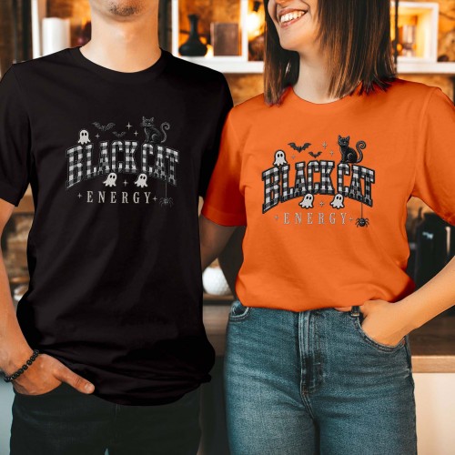 Black Cat Energy T-Shirt, Buffalo Plaid Lettering Halloween Shirt, Cute Ghost Bat Spider Autumn Graphic Tee, Spooky Cat Lover Fall Top