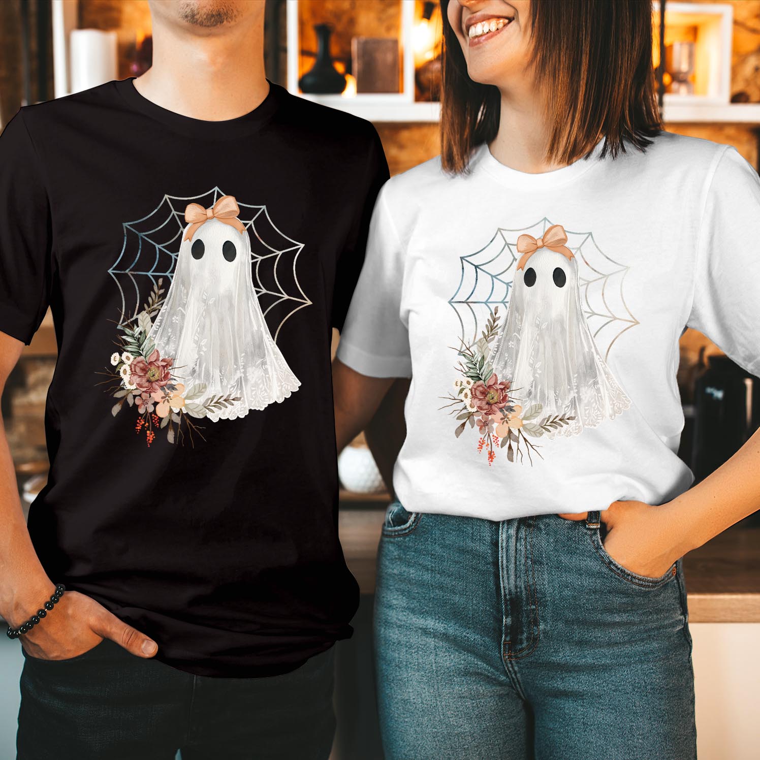 Coquette Bow Halloween Lace Ghost Shirt, Girly Spooky Season Boo Witch Thanksgiving, Funny Ladies Top, Happy Halloween T-Shirt