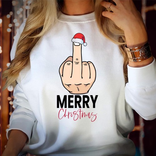 Middle Finger Merry Christmas Sweatshirt, Rude Santa Hat Hand Gesture Jumper, Sarcastic Adult Humor Matching Family Winter Graphic Xmas Pullover
