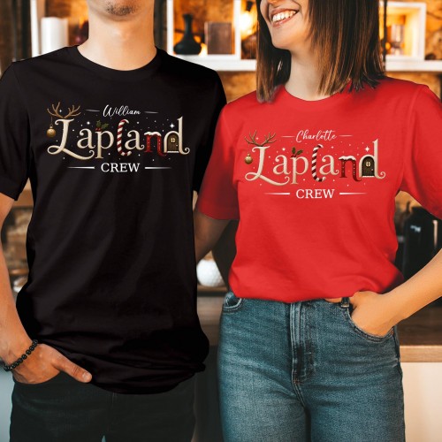 Personalised Lapland Crew Family Matching Christmas Shirt, Custom Candy Cane Reindeer Antlers Holiday Trip T-Shirts Xmas Tops