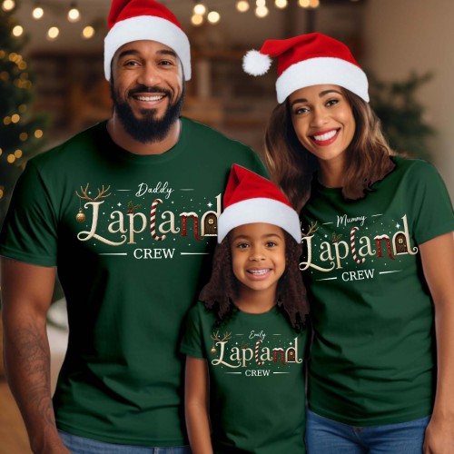 Personalised Lapland Crew Family Matching Christmas Shirt, Custom Candy Cane Reindeer Antlers Holiday Trip T-Shirts Xmas Tops