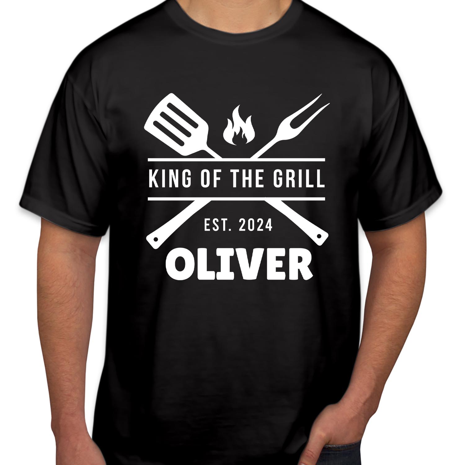 Personalised King of The Grill Custom Name Year Fathers Day T-Shirt Funny Fathers Day Top Chef Grandpa Dad Birthday Cooking Gift T Shirt