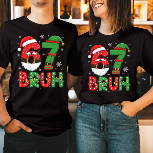 Funny Six Seven BRUH Christmas T Shirt, Viral Internet Meme Holiday Graphic Tee, Trending Number 67 Matching Couples Xmas Novelty Gift Top