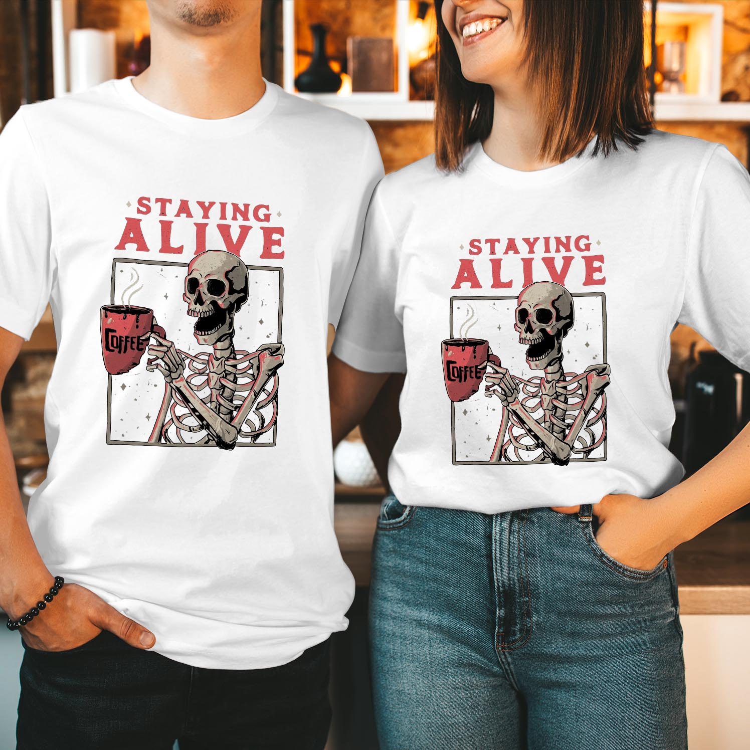 Staying Alive Skeleton Funny Coffee Drinking Skull Halloween T-Shirt Spooky & Humorous Design for Halloween Enthusiasts Coffee Lovers & Skeleton Fans Shirt