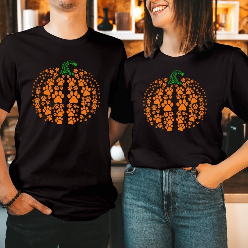 Paw Print Halloween Pumpkin T-Shirt, Spooky Dog Cat Lover Tee, Cute Pet Parent Fall Top, Vintage Autumn Animal Graphic Apparel For Couples
