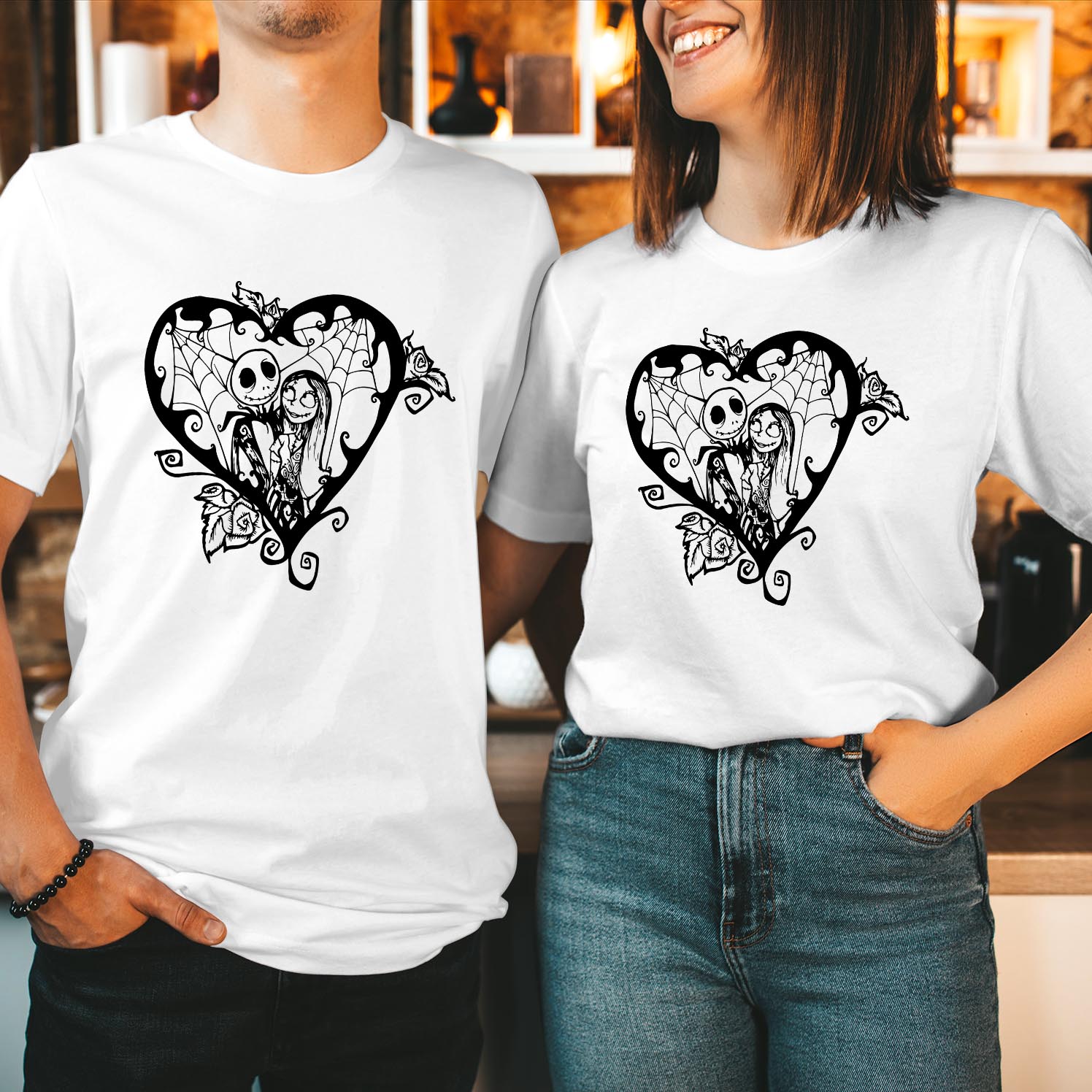 Disney The Nightmare Before Christmas Jack and Sally Heart T-Shirt Perfect for Fans of the Classic Halloween & Holiday Movie, Stylish and Festive Men Women Unisex T Shirt