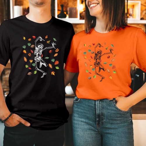 Fall Leaves Dancing Skeleton Happy Halloween T-Shirt Perfect Halloween Teacher Gifts, Spooky Autumn Apparel for Festive Celebrations Classroom Fun T Shirt