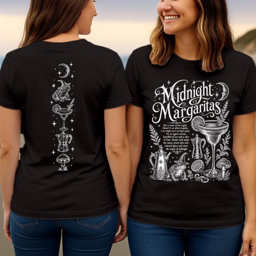 Midnight Margaritas T-Shirt, Front Back Print Cocktail Recipe Halloween Shirt, Witchy Frog Mushroom Graphic Tee, Practical Magic Autumn Top