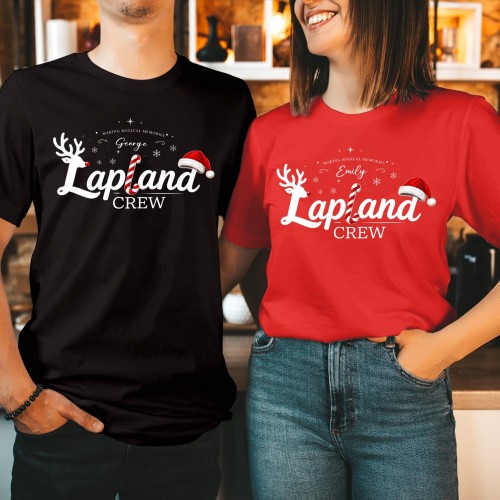 Personalised Lapland Crew Family Matching Christmas Shirt, Custom Candy Cane Reindeer Silhouette Santa Hat Holiday Trip Xmas T-Shirts