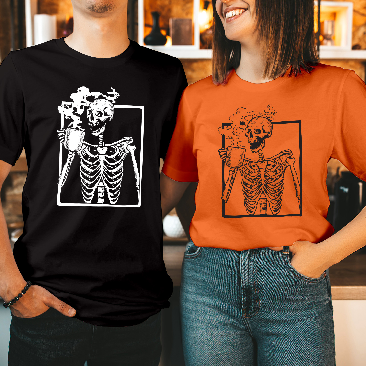 Spooky Skeleton Drinking Hot Coffee Halloween T-Shirt Funny Caffeine Lover Costume Shirt Halloween Classic Tee with Scary Skeleton Enjoying a Cup of Coffee T Shirt