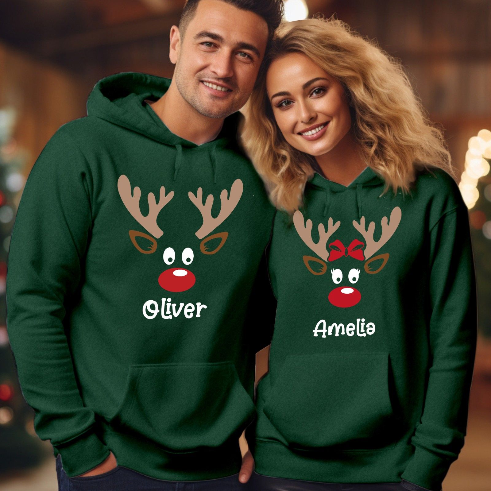 Personalised Reindeer Family Matching Christmas Hoodie, Custom Name Holiday Outfit Sweatshirt, Funny Xmas Group Pullover Gift Jumper